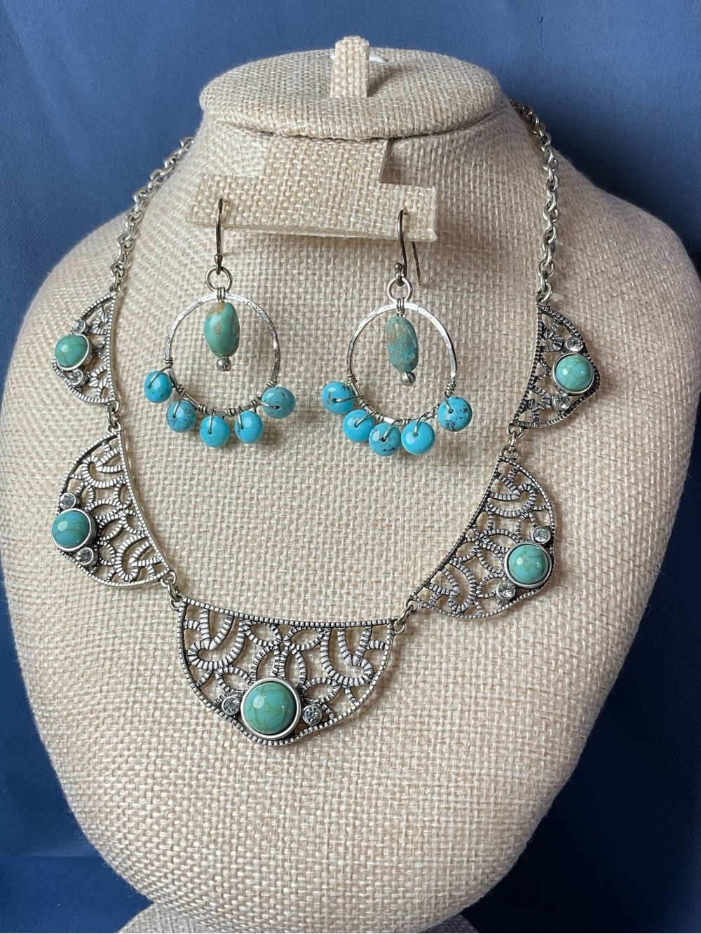 Turquoise Stone Filigree Necklace & Hoop Earrings Boho Southwest Silver Beads